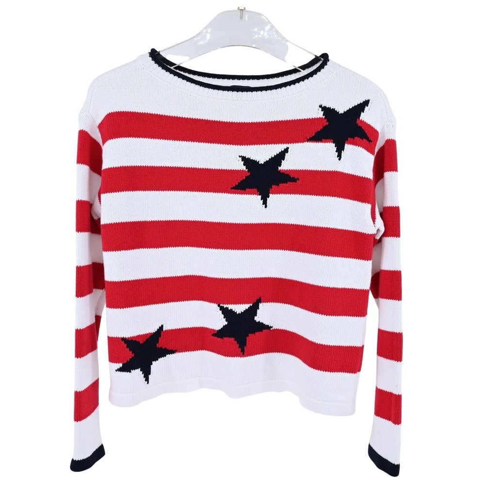 Talbots Petite P Cotton Striped Star Sweater Red White Blue Americana Crew Neck